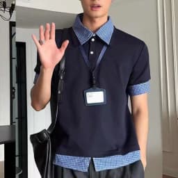 Fake Two-piece Plaid Polo-collar Shirt Short-sleeved Splice Design American Preppy Style Tshirts Casual Unisex Pullovers T-shirt