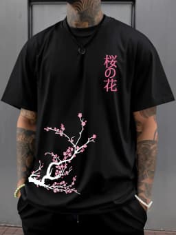 100% Cotton Men's Summer T Shirt Soft Breathable Comfortable Fabric Beautiful Cherry Blossom Pattern Suitable Daily Casual Wear