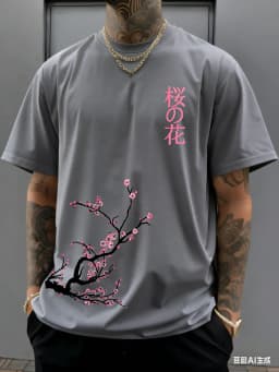 100% Cotton Men's Summer T Shirt Soft Breathable Comfortable Fabric Beautiful Cherry Blossom Pattern Suitable Daily Casual Wear