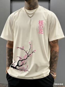 100% Cotton Men's Summer T Shirt Soft Breathable Comfortable Fabric Beautiful Cherry Blossom Pattern Suitable Daily Casual Wear