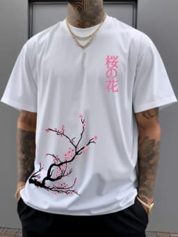 100% Cotton Men's Summer T Shirt Soft Breathable Comfortable Fabric Beautiful Cherry Blossom Pattern Suitable Daily Casual Wear