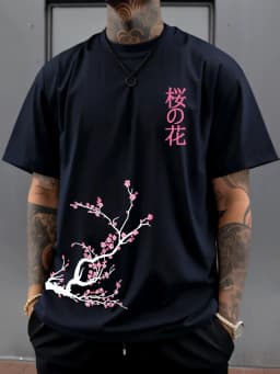 100% Cotton Men's Summer T Shirt Soft Breathable Comfortable Fabric Beautiful Cherry Blossom Pattern Suitable Daily Casual Wear