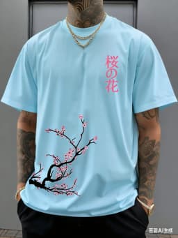 100% Cotton Men's Summer T Shirt Soft Breathable Comfortable Fabric Beautiful Cherry Blossom Pattern Suitable Daily Casual Wear