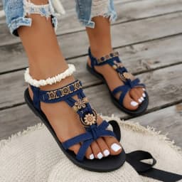 Flower Beaded Bohemian Sandals for Women Summer 2025 Roman Style Comfortable Flat Sandals Woman Lightweight Non Slip Beach Shoes