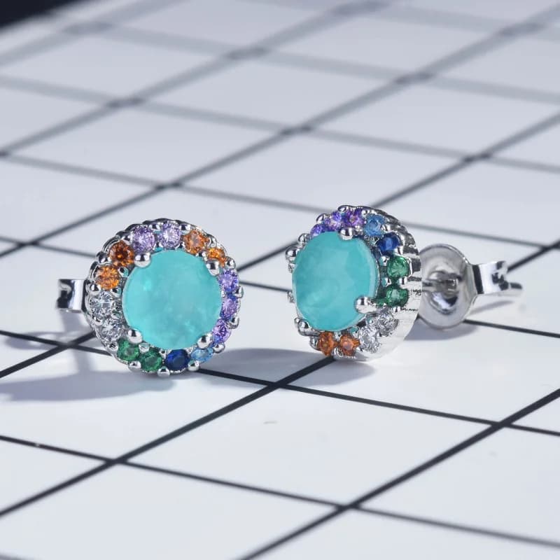 Women's Fashionable Silver Round Stud Earrings with Colorful Zirconia Wedding Souvenir Anniversary Jewelry