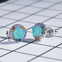Women's Fashionable Silver Round Stud Earrings with Colorful Zirconia Wedding Souvenir Anniversary Jewelry
