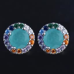 Women's Fashionable Silver Round Stud Earrings with Colorful Zirconia Wedding Souvenir Anniversary Jewelry