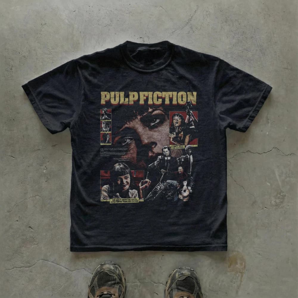 Vintage Pulp Fiction Graphic Tee Retro Film Poster Collage Unisex T-shirt Cult 90s Cinema Movie T-shirt Quentin Tarantino