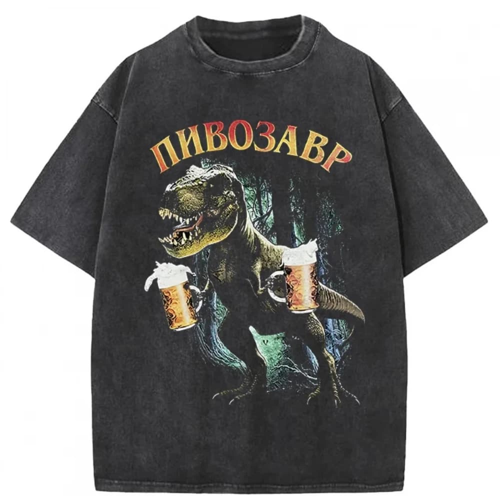 Pivosaurus Dinosaur Beer Streetwear Gothic Vintage Y2K Washed T Shirt Summer Men Women Tee Top Casual Oversize Loose Harajuku
