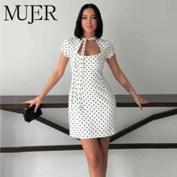 MUJER Polka Dot Women's Dress Bow Cut out Short Dresses for Women Summer Party Dresses 2026 Woman Short Sleeve Mini Dress Women