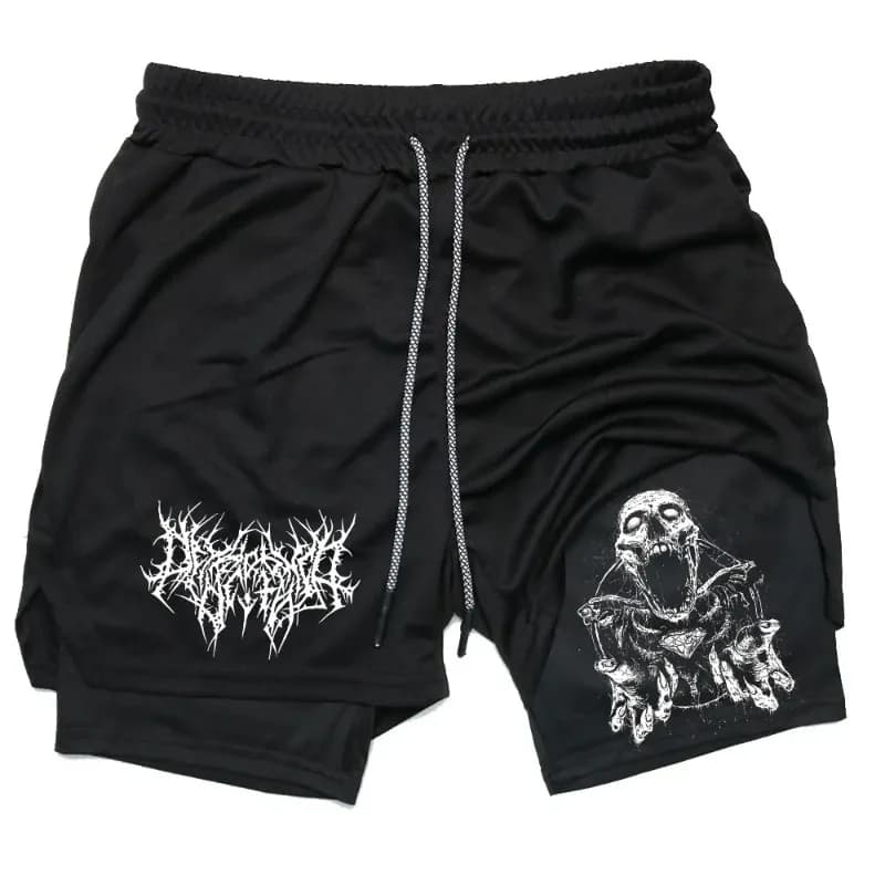 Y2K Performance Men Quick-drying Fitness Skull Print Double Layer Shorts Workout Training Running Bodybuilding work short pants