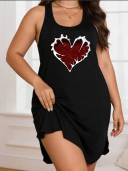 Women's Large-Sized Lightweight Sleeveless Heart-Patterned Printed Blouse Dress - Soft Machine-Washable Fabric