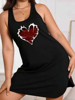 Women's Large-Sized Lightweight Sleeveless Heart-Patterned Printed Blouse Dress - Soft Machine-Washable Fabric