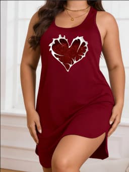 Women's Large-Sized Lightweight Sleeveless Heart-Patterned Printed Blouse Dress - Soft Machine-Washable Fabric