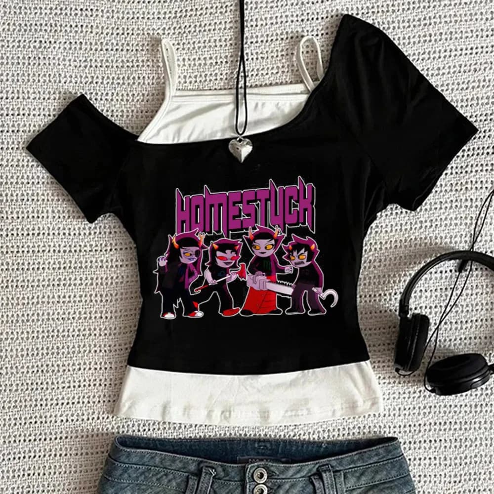 Homestuck cropped top teen y2k streetwear anime scene grunge t shirt cutecore baddie graphic streetwear gothic