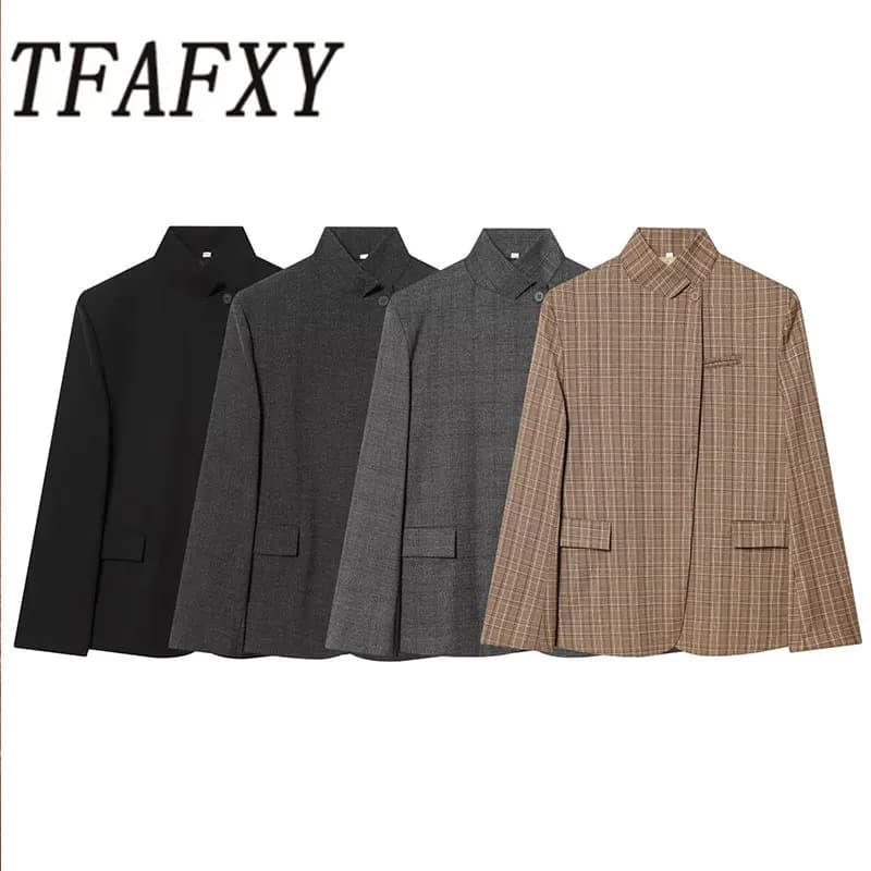 TFAFXY 2026 Spring Women Casual Blazer Long Sleeve Stand Collar Single Button Irregular Office Suit Jacket Female Coat OL