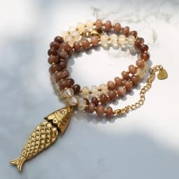 2026 Bohemian Style Spring/Summer Colorful Natural Stone Necklace with Stainless Steel Fish Pendant, Multiple Colors Available