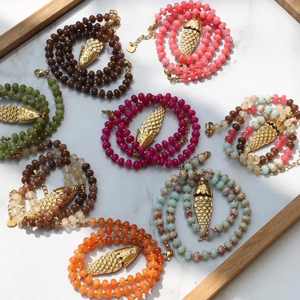 2026 Bohemian Style Spring/Summer Colorful Natural Stone Necklace with Stainless Steel Fish Pendant, Multiple Colors Available