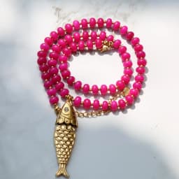 2026 Bohemian Style Spring/Summer Colorful Natural Stone Necklace with Stainless Steel Fish Pendant, Multiple Colors Available