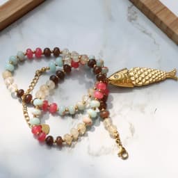 2026 Bohemian Style Spring/Summer Colorful Natural Stone Necklace with Stainless Steel Fish Pendant, Multiple Colors Available