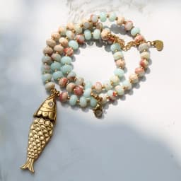 2026 Bohemian Style Spring/Summer Colorful Natural Stone Necklace with Stainless Steel Fish Pendant, Multiple Colors Available