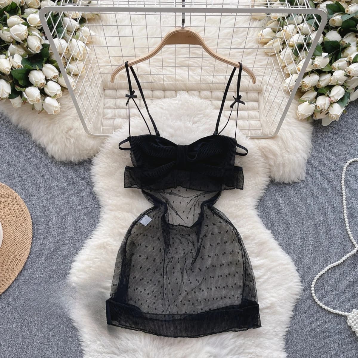 Women Sexy Polka Dot Mesh Comfortable Dress Fashion Bow Ruffle Dress Vintage Transparent Breathable Spaghetti Strap Dress New