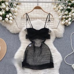 Women Sexy Polka Dot Mesh Comfortable Dress Fashion Bow Ruffle Dress Vintage Transparent Breathable Spaghetti Strap Dress New