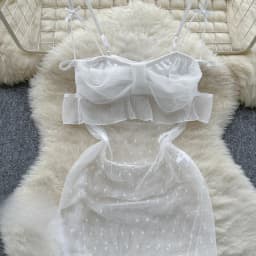 Women Sexy Polka Dot Mesh Comfortable Dress Fashion Bow Ruffle Dress Vintage Transparent Breathable Spaghetti Strap Dress New