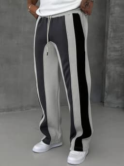 2026 Summer Men's Fleece Breathable Loose Fit Pants Grey Black Color Block Stripe Panel Quick Drying Casual Streetwear Trousers