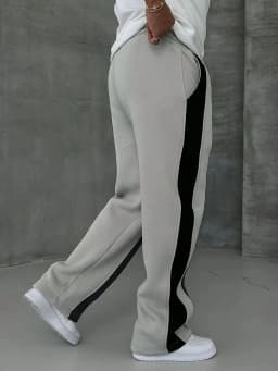 2026 Summer Men's Fleece Breathable Loose Fit Pants Grey Black Color Block Stripe Panel Quick Drying Casual Streetwear Trousers