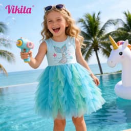 VIKITA Girls Sleeveless Mermaid Print Summer Blue Dress Kids Layered Princess Birthday Party Prom Gown Elegant Tutu Dresses