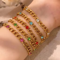 Classic Gift Geometric Colorful Zircon Titanium Stainless Steel Pendant Plating Gold Color Cuban Link Chain Bracelet Women