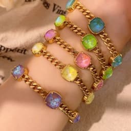Classic Gift Geometric Colorful Zircon Titanium Stainless Steel Pendant Plating Gold Color Cuban Link Chain Bracelet Women