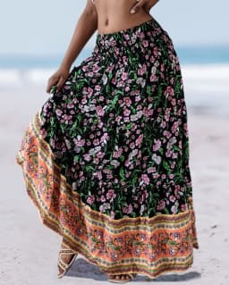 Womens Boho Floral Print Tiered Maxi Skirt High Waist Smocked Beach Long Skirt for Summer