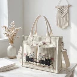 Cute Black Cat & Book Print Pink Corduroy Tote Bag Large Capacity Multi Pocket Cat Lover Commuter Shoulder Bag