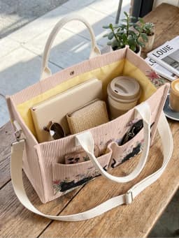 Cute Black Cat & Book Print Pink Corduroy Tote Bag Large Capacity Multi Pocket Cat Lover Commuter Shoulder Bag