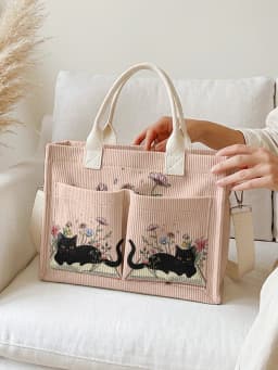 Cute Black Cat & Book Print Pink Corduroy Tote Bag Large Capacity Multi Pocket Cat Lover Commuter Shoulder Bag