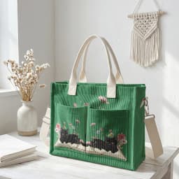 Cute Black Cat & Book Print Pink Corduroy Tote Bag Large Capacity Multi Pocket Cat Lover Commuter Shoulder Bag