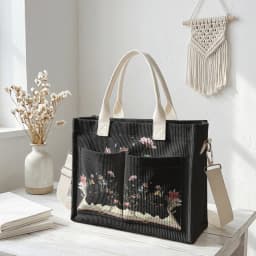 Cute Black Cat & Book Print Pink Corduroy Tote Bag Large Capacity Multi Pocket Cat Lover Commuter Shoulder Bag
