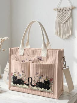 Cute Black Cat & Book Print Pink Corduroy Tote Bag Large Capacity Multi Pocket Cat Lover Commuter Shoulder Bag