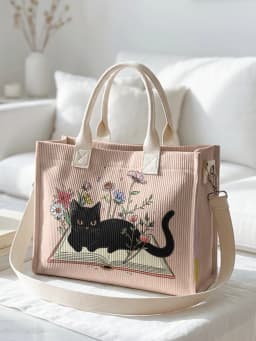 Cute Black Cat & Book Print Pink Corduroy Tote Bag Large Capacity Multi Pocket Cat Lover Commuter Shoulder Bag