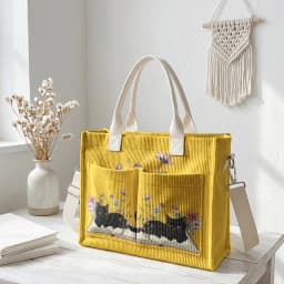 Cute Black Cat & Book Print Pink Corduroy Tote Bag Large Capacity Multi Pocket Cat Lover Commuter Shoulder Bag
