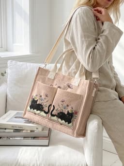 Cute Black Cat & Book Print Pink Corduroy Tote Bag Large Capacity Multi Pocket Cat Lover Commuter Shoulder Bag