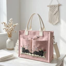 Cute Black Cat & Book Print Pink Corduroy Tote Bag Large Capacity Multi Pocket Cat Lover Commuter Shoulder Bag