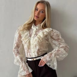 Elegant Sheer Lace Blouses Women Shirts 2026 Summer Ruffles Button Loose Shirts Top Chic Vintage Sexy See Through Blouses Shirts
