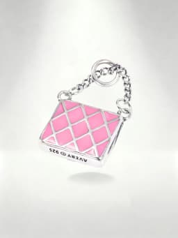 S925 Sterling Silver Pink Enamel Handbag Charm - Rhombus Pattern Purse Bead for Bracelet