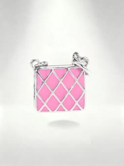 S925 Sterling Silver Pink Enamel Handbag Charm - Rhombus Pattern Purse Bead for Bracelet
