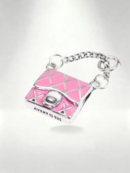 S925 Sterling Silver Pink Enamel Handbag Charm - Rhombus Pattern Purse Bead for Bracelet