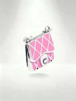 S925 Sterling Silver Pink Enamel Handbag Charm - Rhombus Pattern Purse Bead for Bracelet