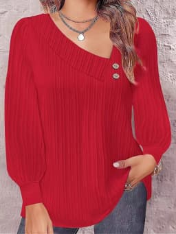 Elegant Asymmetrical V Neck Ribbed Textured Blouse With Decorative Buttons Puff Long Sleeves And Curved Hem For Casual Daily Wea